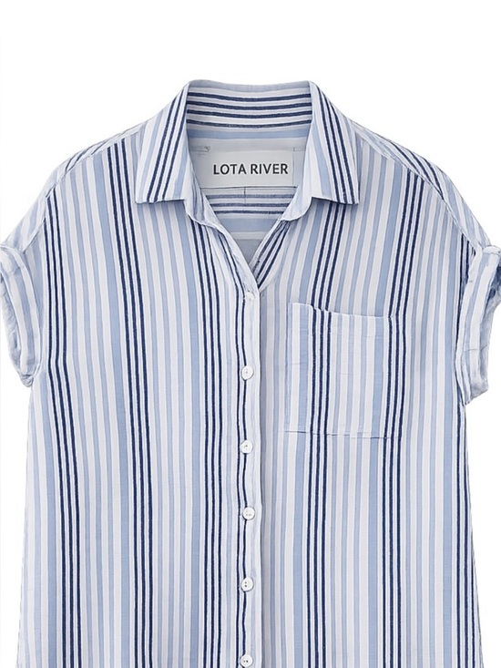 Lola River Tops - Lola River Blue Striped Button Down Shirt Medium 100% Cotton Short Sleeve